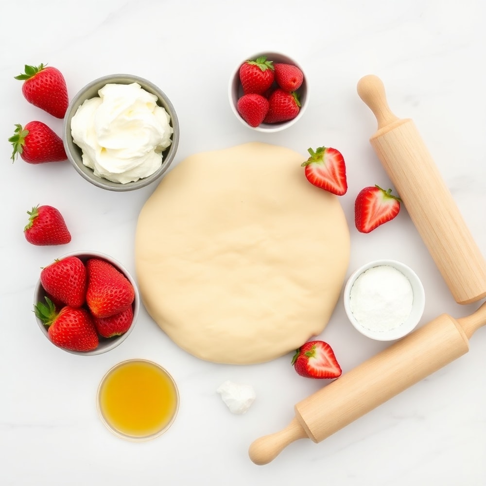 Raw ingredients for Strawberry Cheesecake Breakfast Rolls including crescent roll dough, cream cheese, strawberries, and sugar
