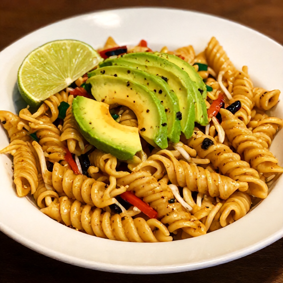 Plated Taco Pasta Salad with avocado and lime
