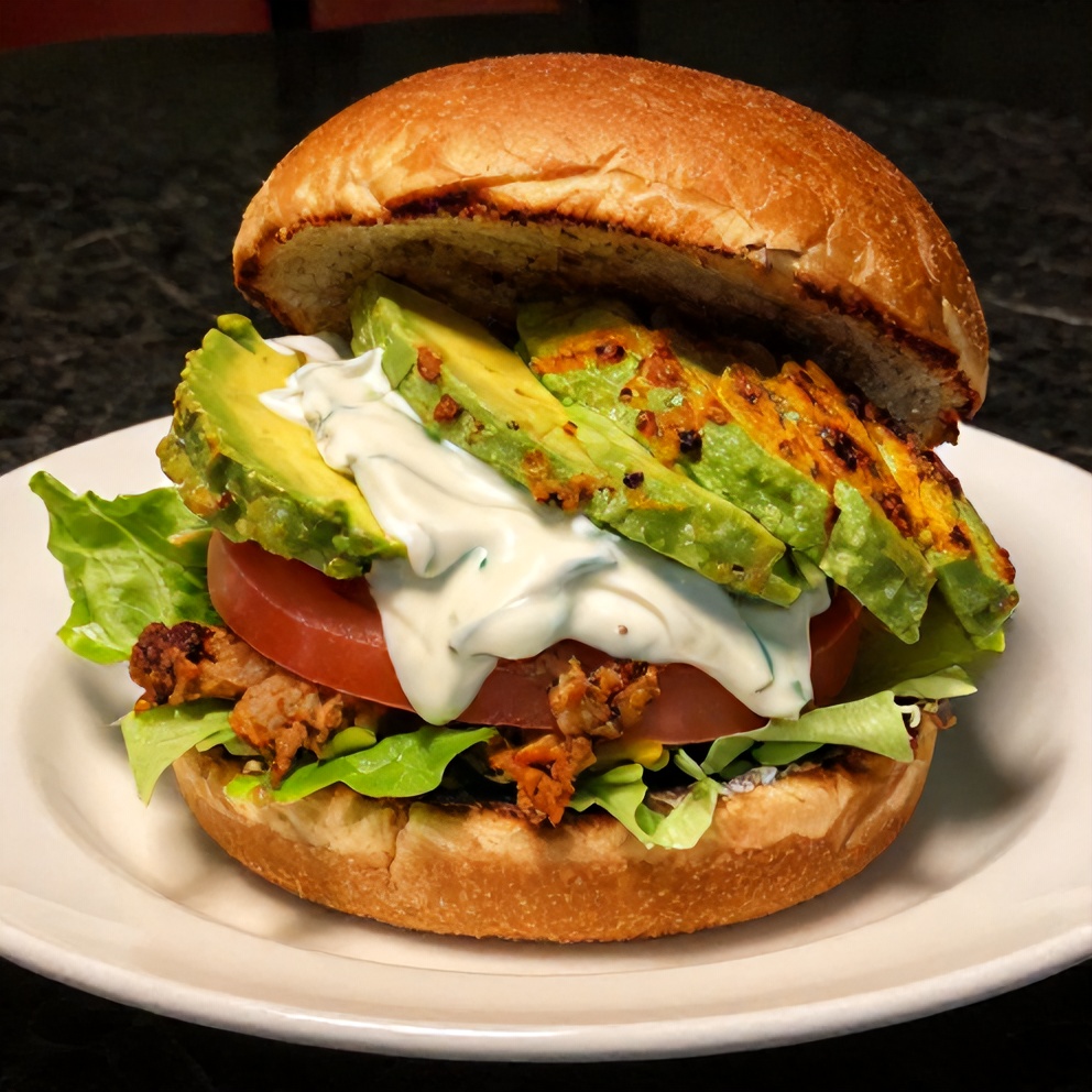 Plated crispy turkey avocado burger with cilantro crema