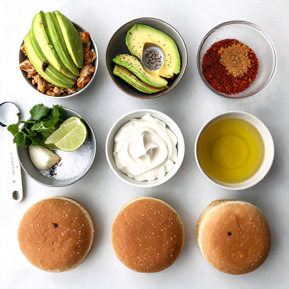 Raw ingredients for crispy turkey avocado burger: ground turkey, avocado, cilantro, lime, etc.