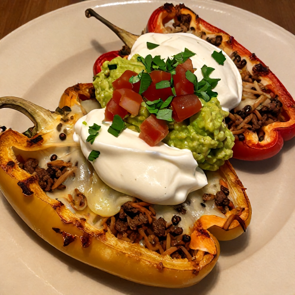 Plated unstuffed pepper bowl with crispy edges and melted cheese