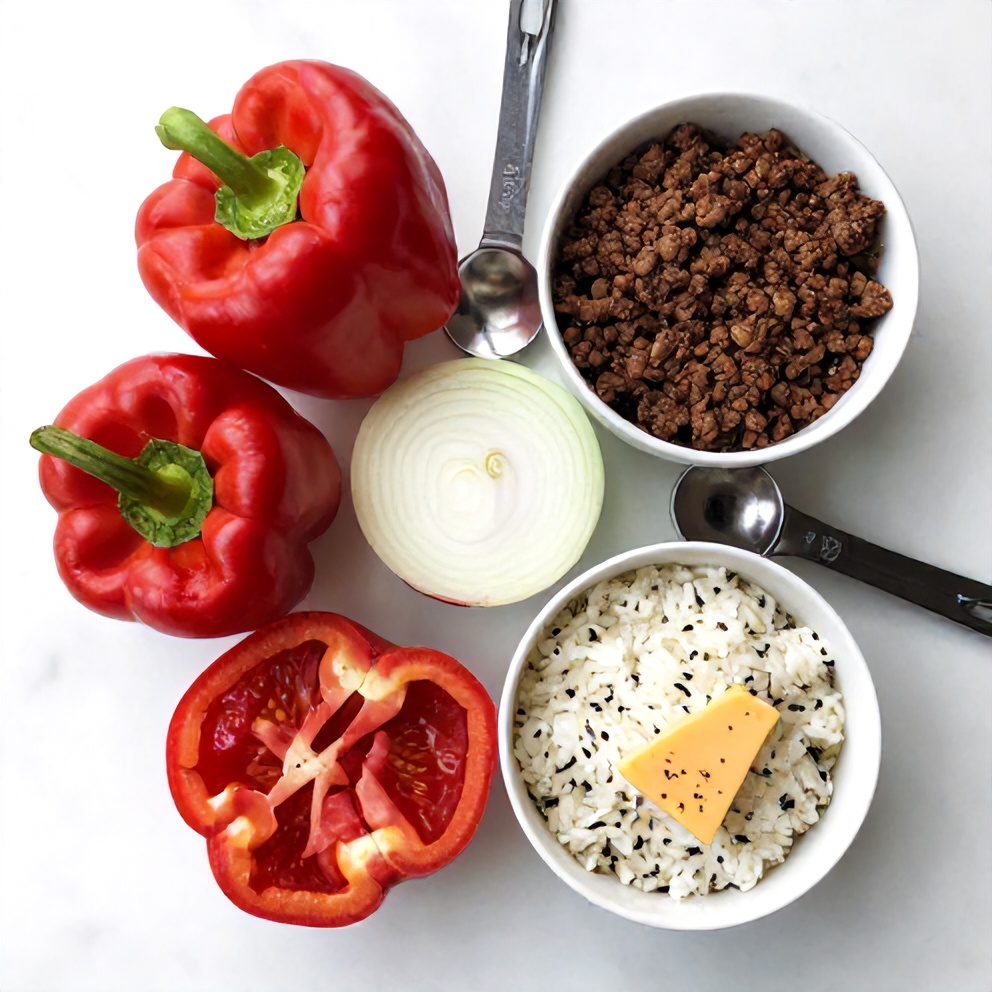 Raw ingredients for unstuffed pepper bowls laid out on a wooden surface