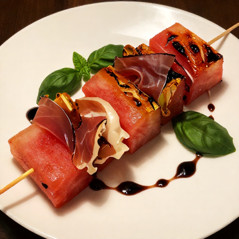 Plated watermelon skewers with prosciutto