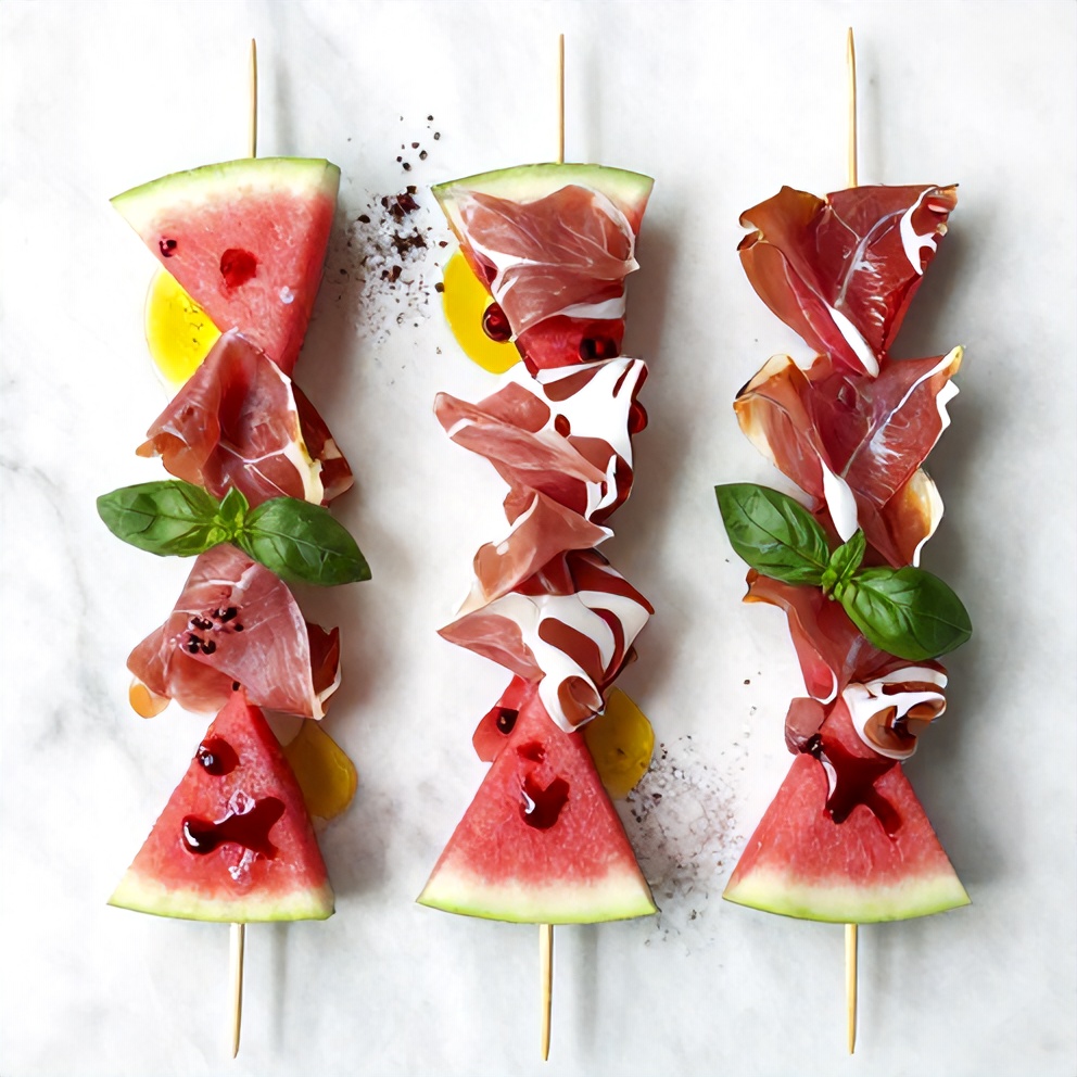 Watermelon, prosciutto, and other ingredients for watermelon skewers