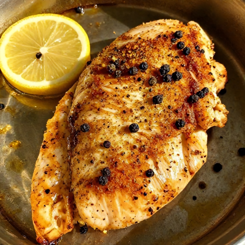 Plated baked lemon pepper chicken breast with lemon slice and peppercorns
