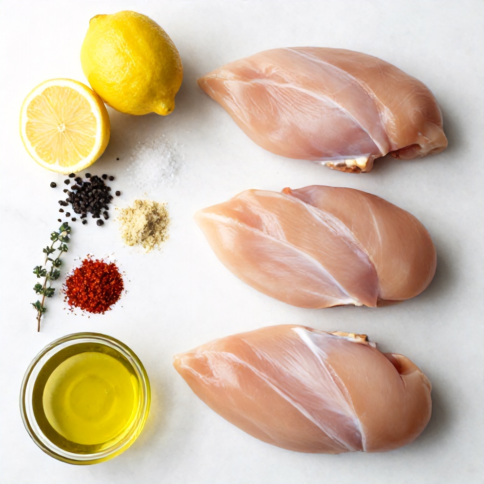 Raw ingredients for baked lemon pepper chicken breasts on a marble surface