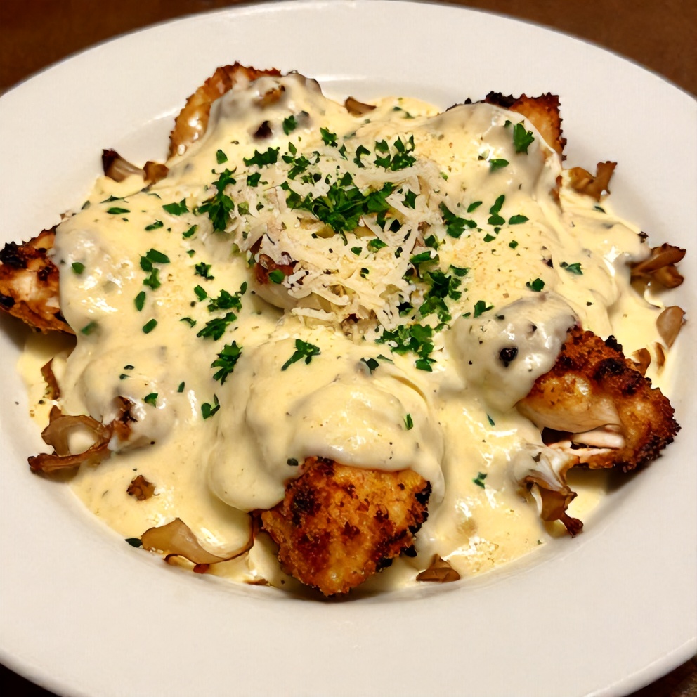 Plated sour cream onion chicken with garnish