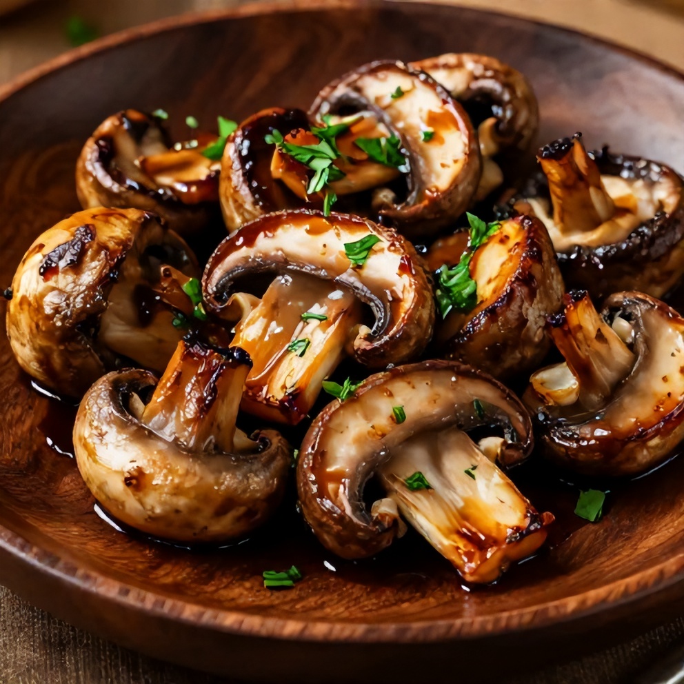 One perfect plated serving of Balsamic Roasted Garlic Mushrooms on a dark wooden plate, garnished with fresh parsley