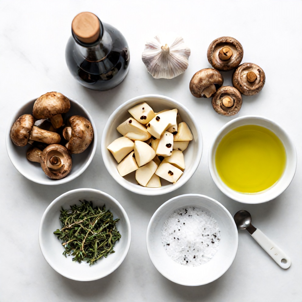 Raw ingredients for Balsamic Roasted Garlic Mushrooms arranged in an overhead flat lay, including mushrooms, garlic, balsamic vinegar, olive oil, and seasonings