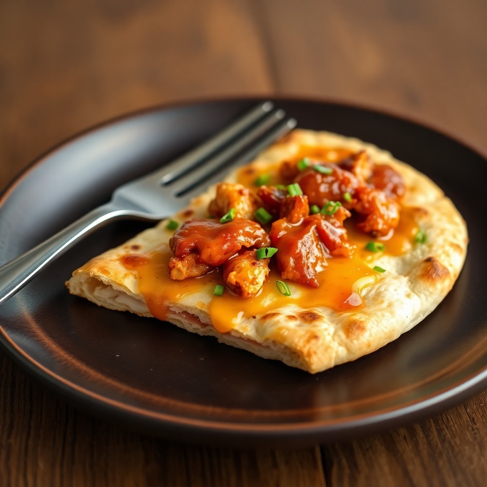 BBQ chicken flatbread on a plate with a fork