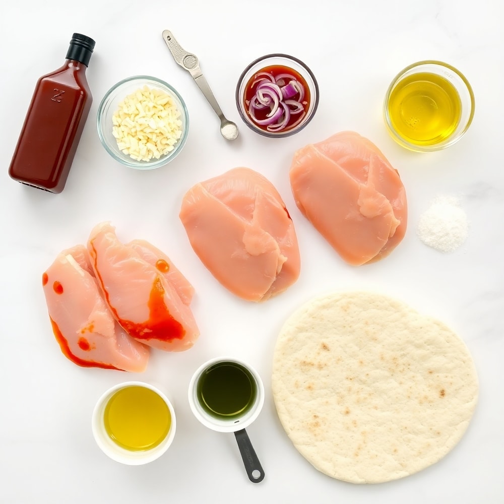 BBQ chicken flatbread ingredients on a marble surface