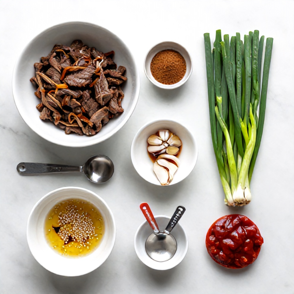 Raw ingredients for Beef Bulgogi: beef, soy sauce, brown sugar, sesame oil, garlic, green onions, and gochujang