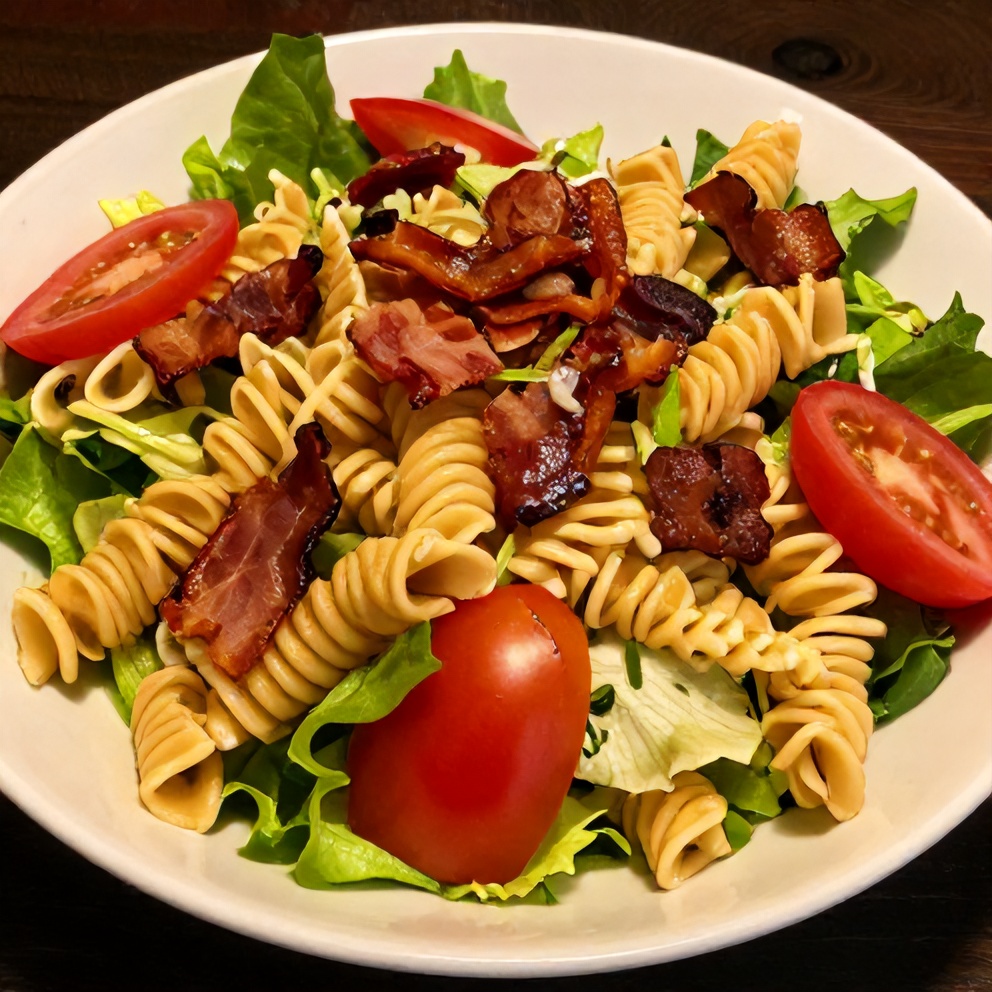 BLT Pasta Salad plated with crispy bacon, fresh lettuce, and juicy tomatoes