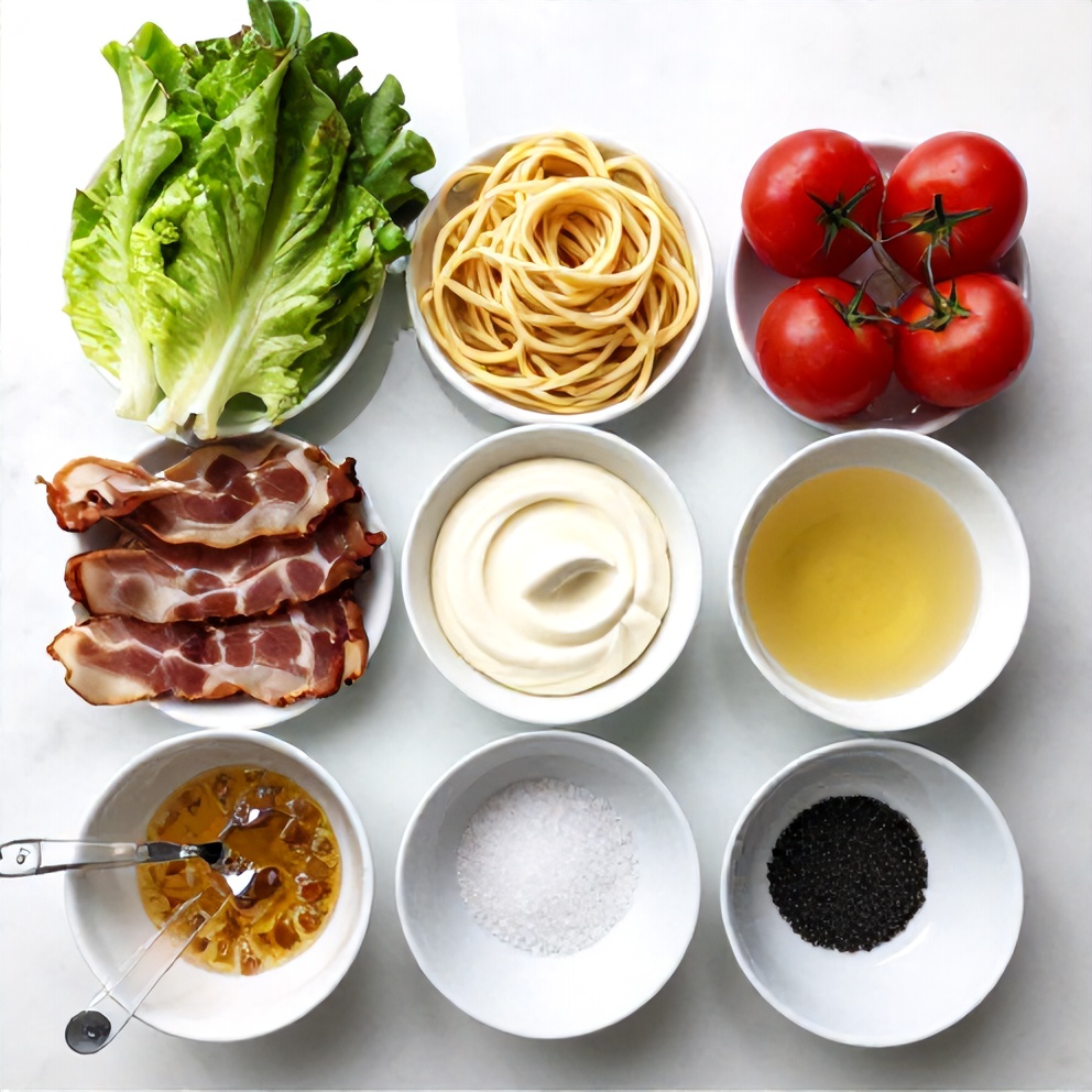 BLT Pasta Salad ingredients: bacon, lettuce, tomatoes, pasta, mayo, vinegar, sugar, salt, pepper