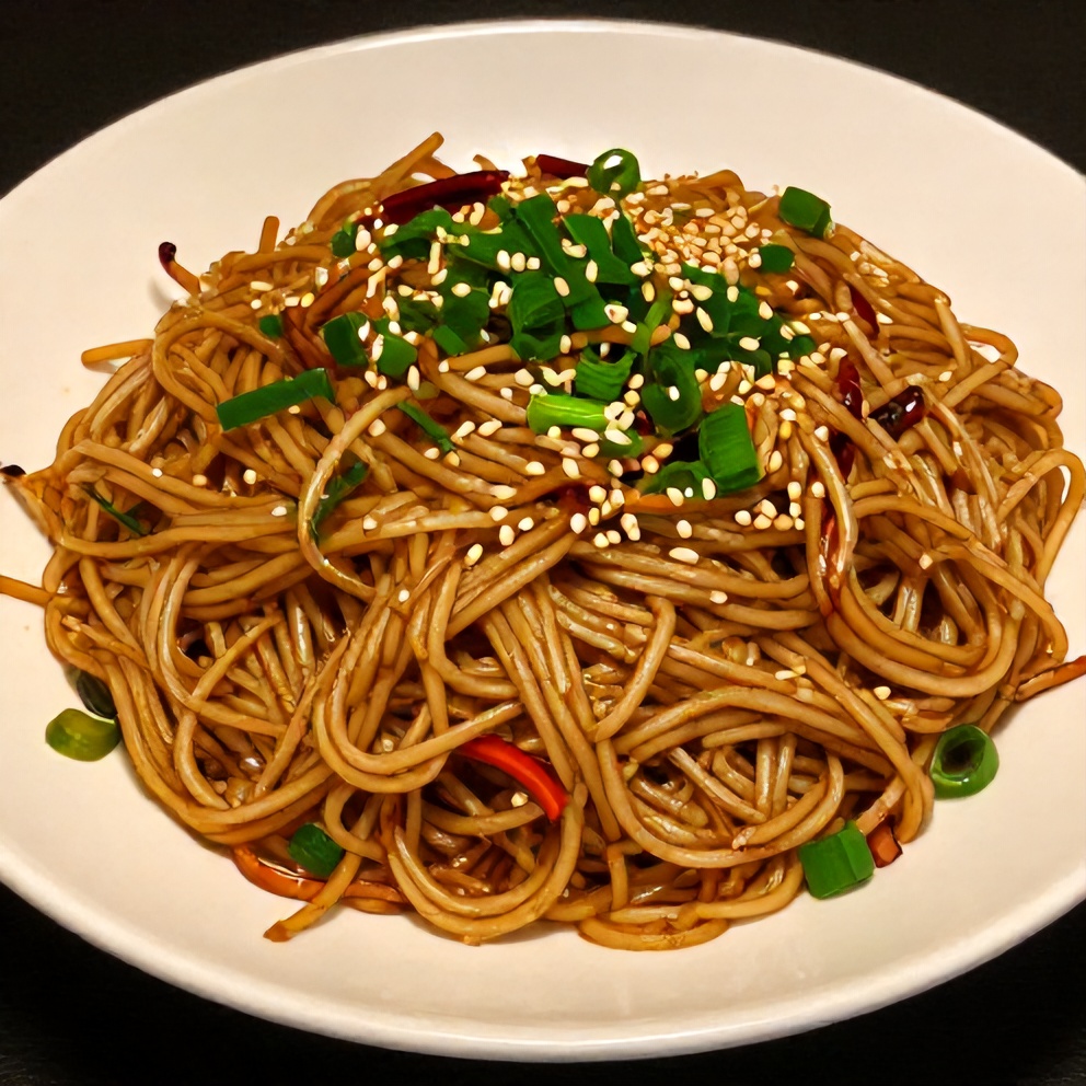 Plated hibachi noodles with green onions and sesame seeds