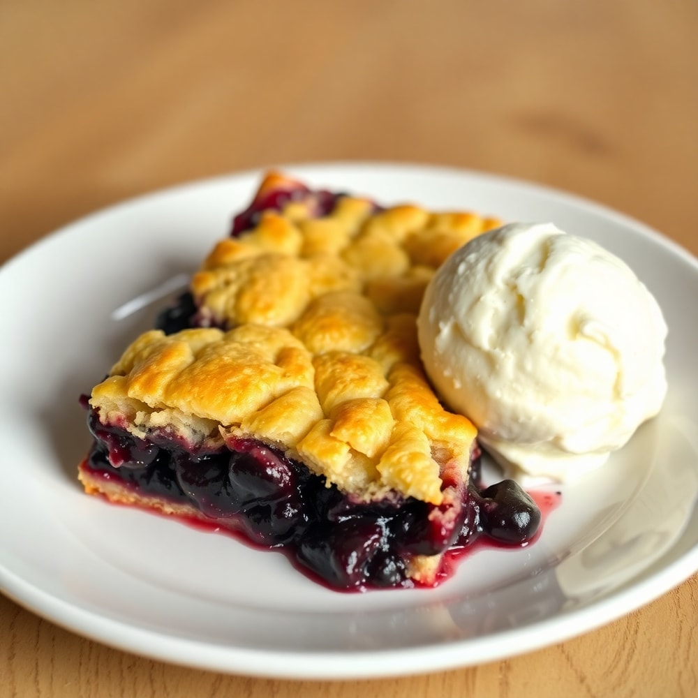 Blackberry Cobbler Bars on a white plate with a scoop of vanilla ice cream