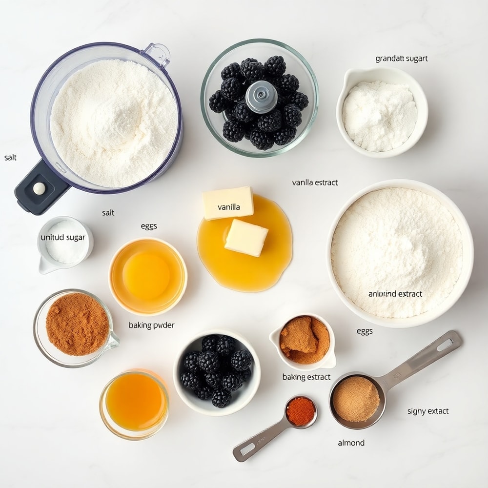 Raw ingredients for Blackberry Cobbler Bars arranged on a white marble surface