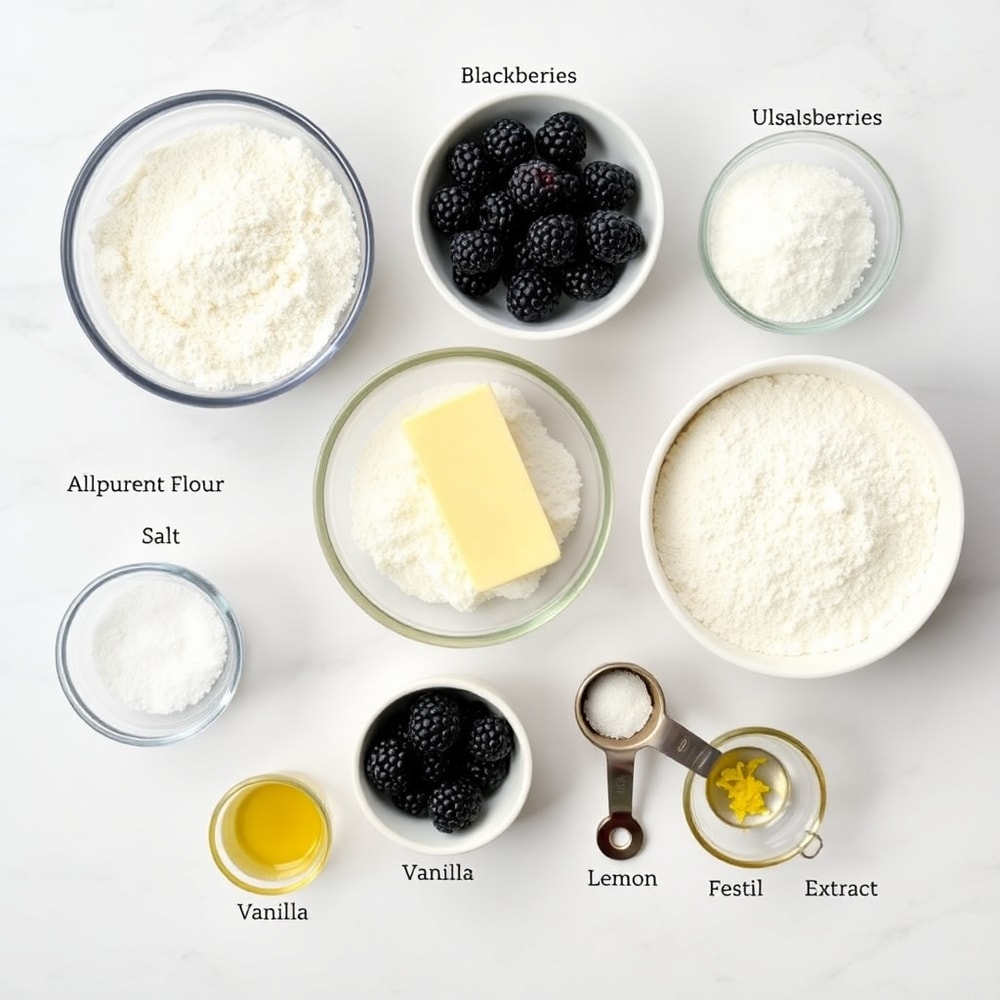 Ingredients for Blackberry Shortbread Wedges on a marble surface