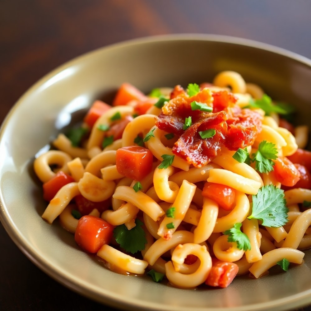 Plated serving of Bloody Mary Pasta Salad
