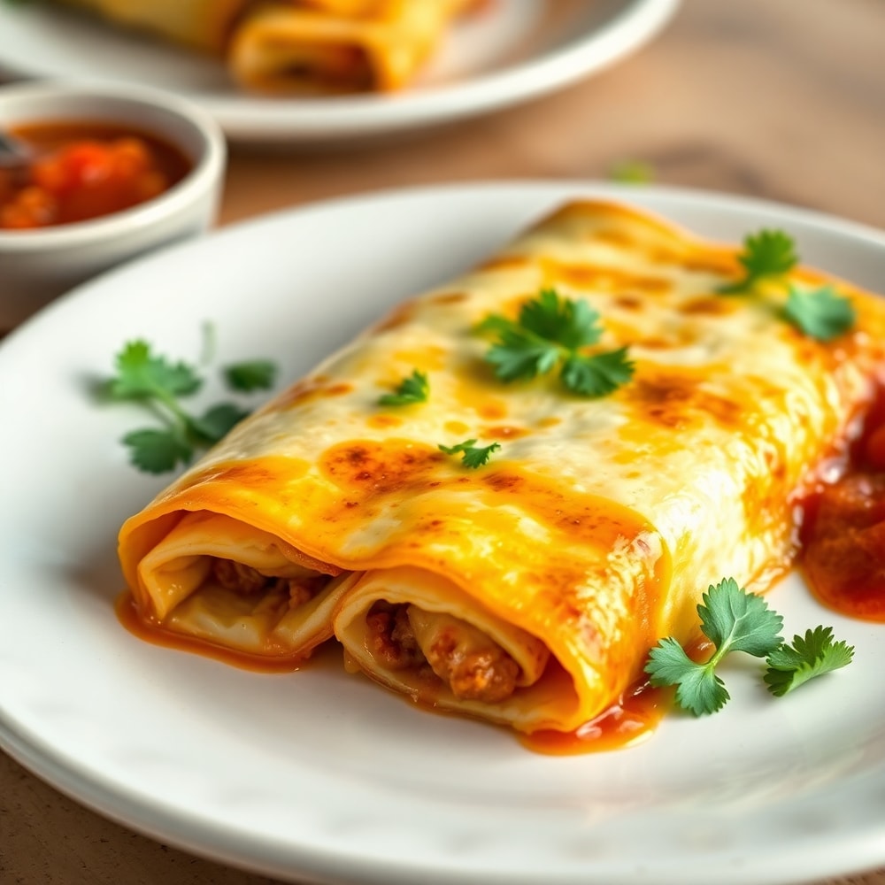 Plated Easy Breakfast Enchiladas with fresh cilantro and a side of salsa