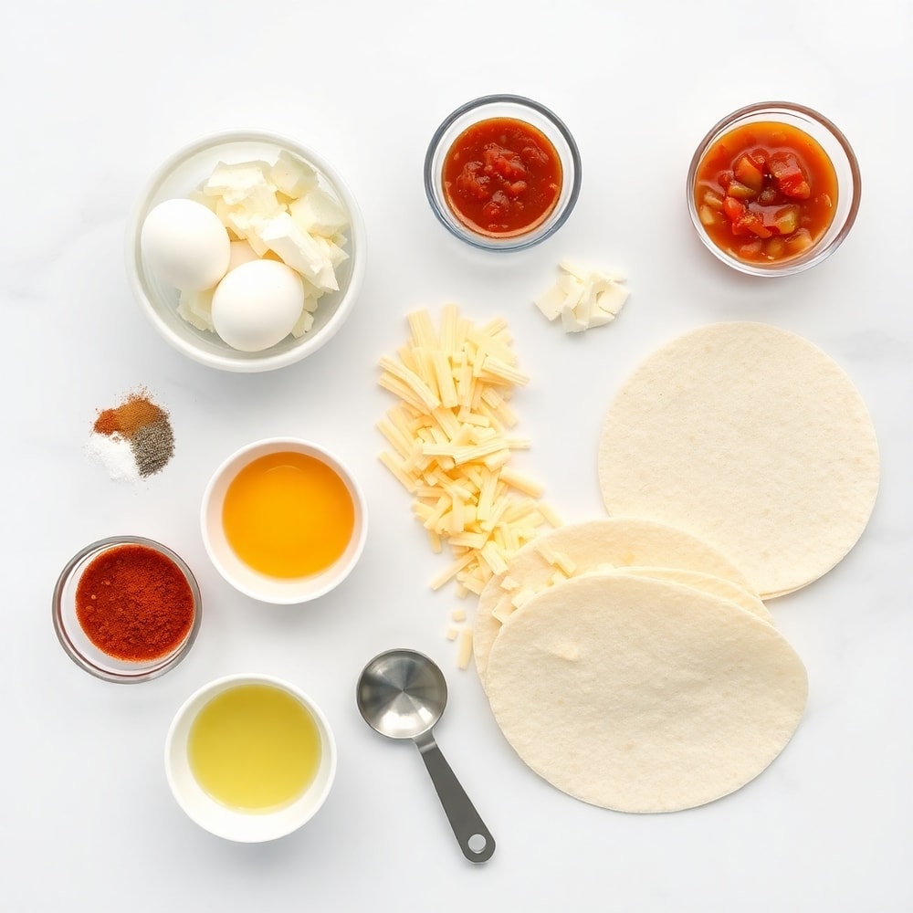 Raw ingredients for Easy Breakfast Enchiladas on a white marble surface