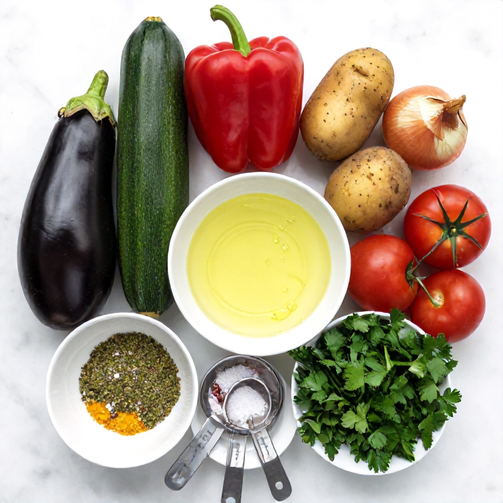 Raw ingredients for Greek briam arranged on a marble surface