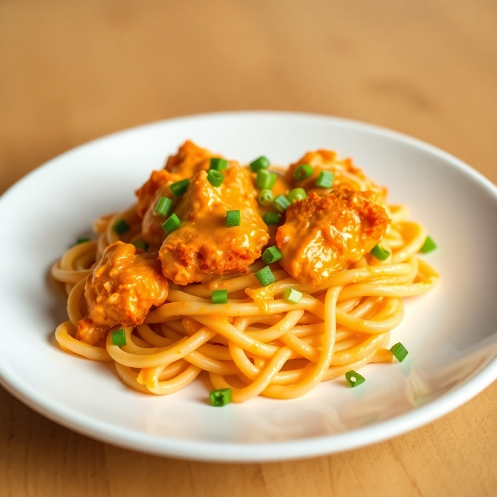 Plated Buffalo Chicken Pasta with green onions
