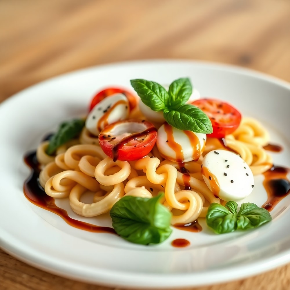 Caprese Pasta Salad plated with fresh basil and balsamic glaze