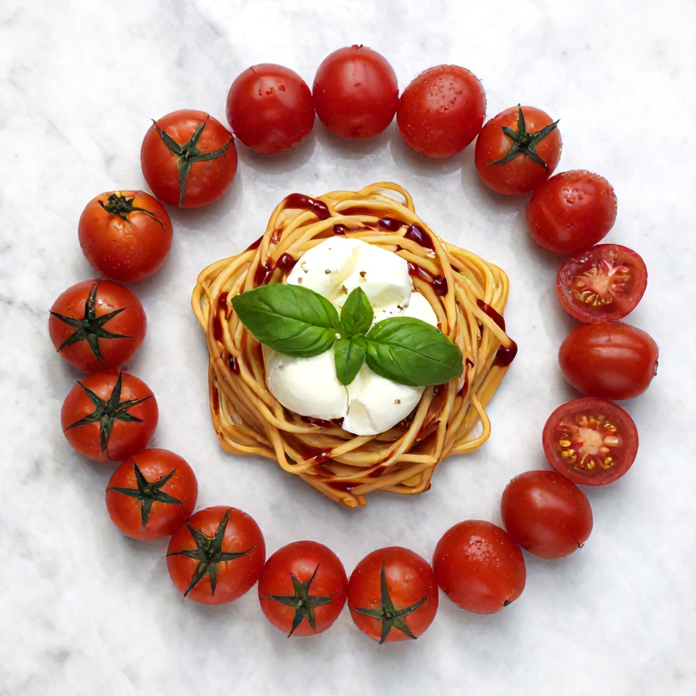 Caprese Pasta Salad ingredients: cherry tomatoes, fresh mozzarella, basil, pasta, balsamic glaze