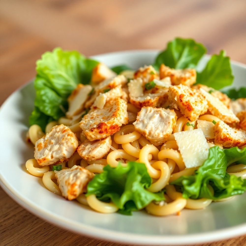 Plated Chicken Caesar Pasta Salad with crispy chicken, romaine lettuce, and parmesan cheese