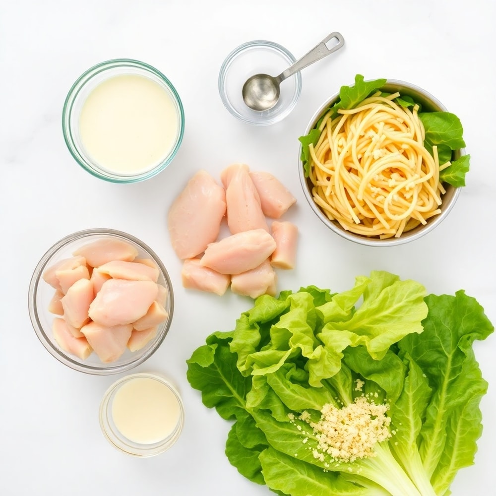 Raw ingredients for Chicken Caesar Pasta Salad including chicken, pasta, romaine lettuce, Caesar dressing, and parmesan cheese
