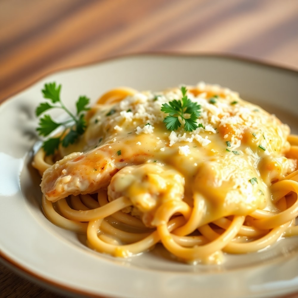 A serving of Chicken Tetrazzini on a plate