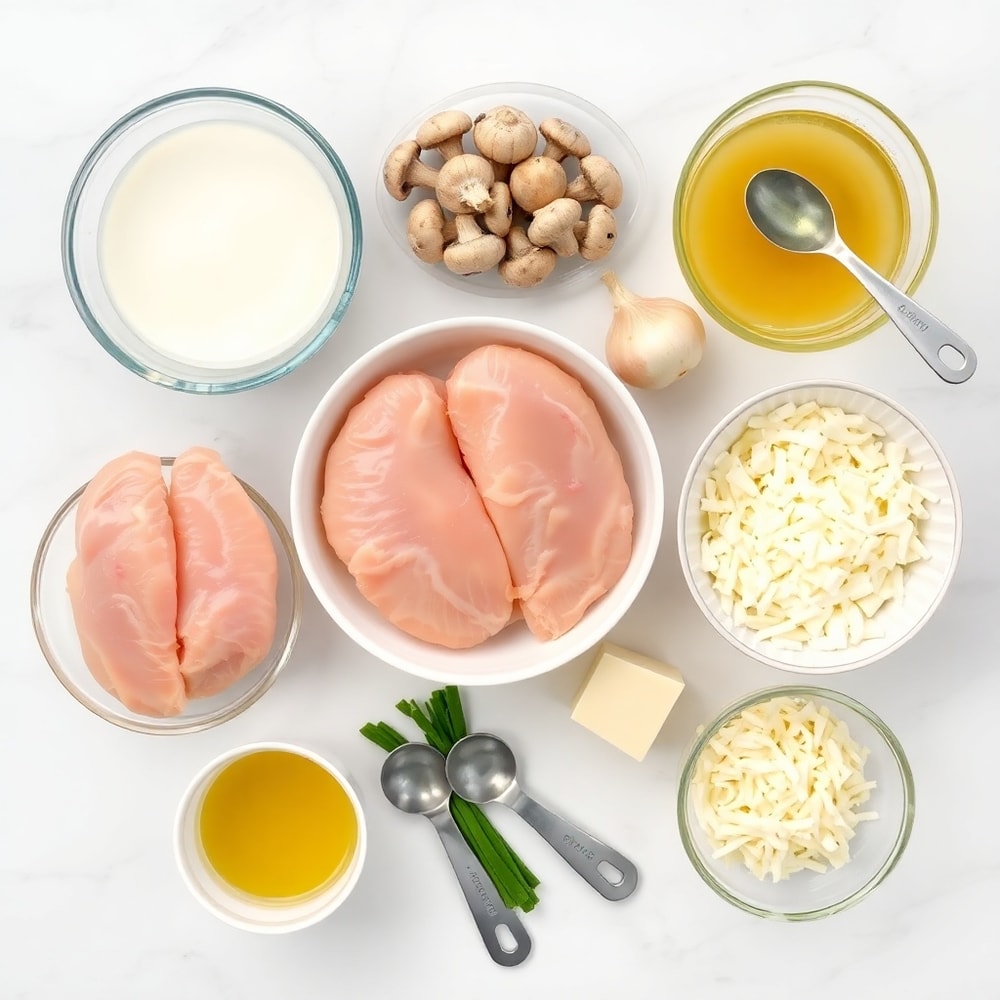 Raw ingredients for Chicken Tetrazzini arranged in a flat lay