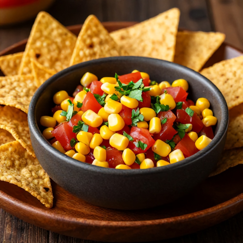 Chipotle corn salsa served in a bowl with tortilla chips