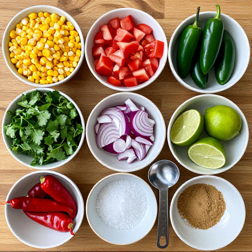 Raw ingredients for chipotle corn salsa on a wooden surface
