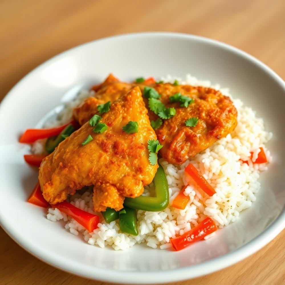 Coconut Chicken Rice Bowl plated with crispy chicken, coconut rice, and colorful veggies