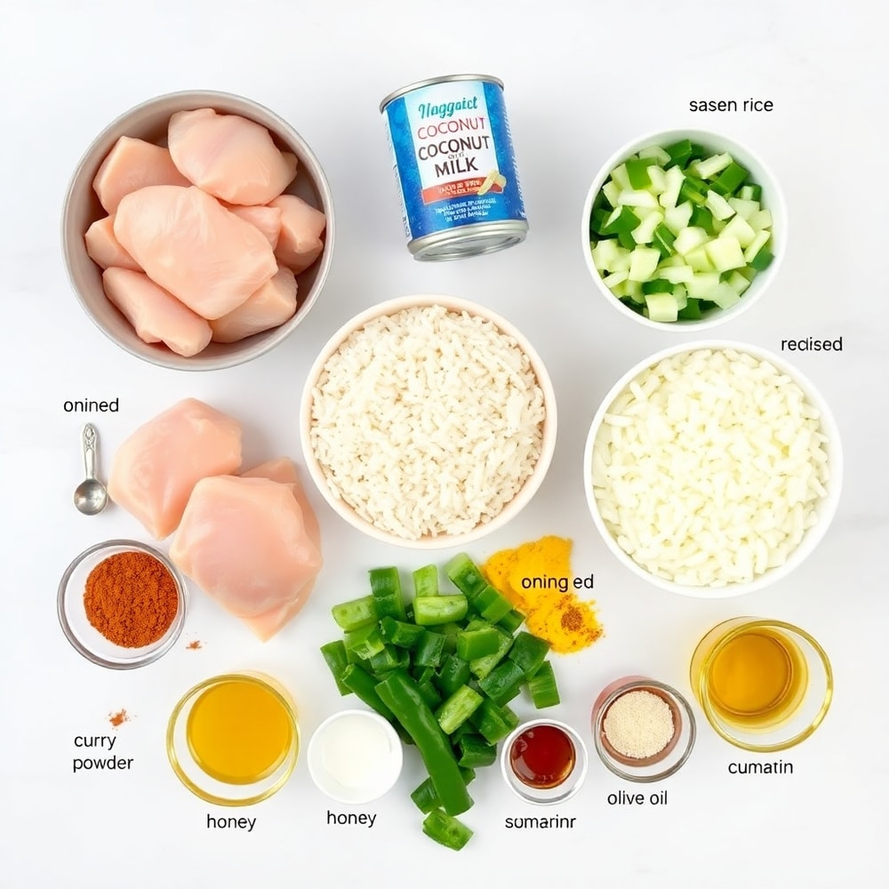 Raw ingredients for Coconut Chicken Rice Bowl: chicken, coconut milk, rice, bell peppers, onions, garlic, and spices