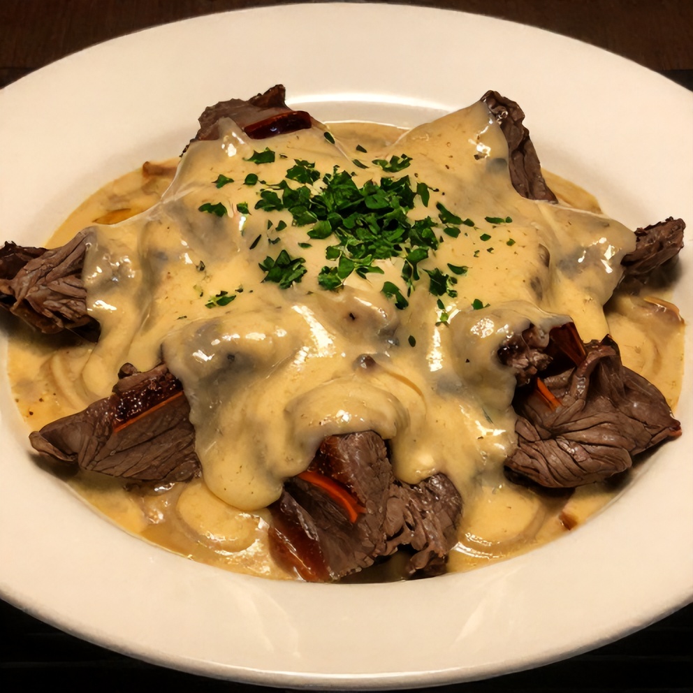 Plated Beef Stroganoff with parsley garnish
