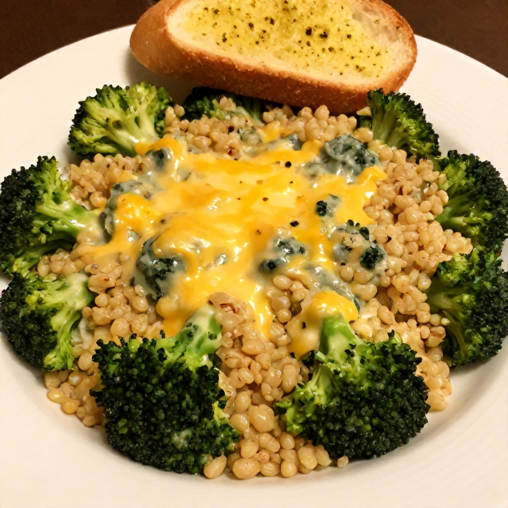 A serving of creamy broccoli and quinoa bake on a plate, with a side of garlic bread