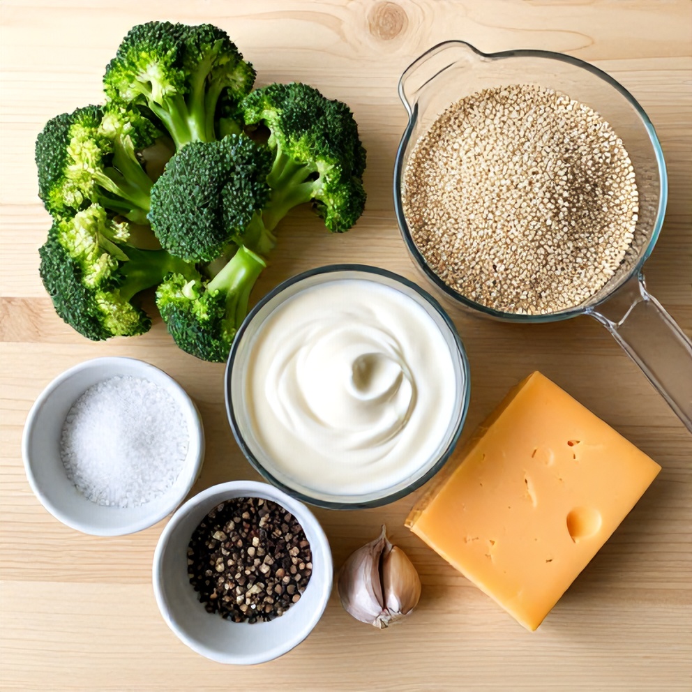Broccoli florets, quinoa, heavy cream, cheddar cheese, garlic, salt, pepper, and a measuring cup of quinoa on a wooden surface