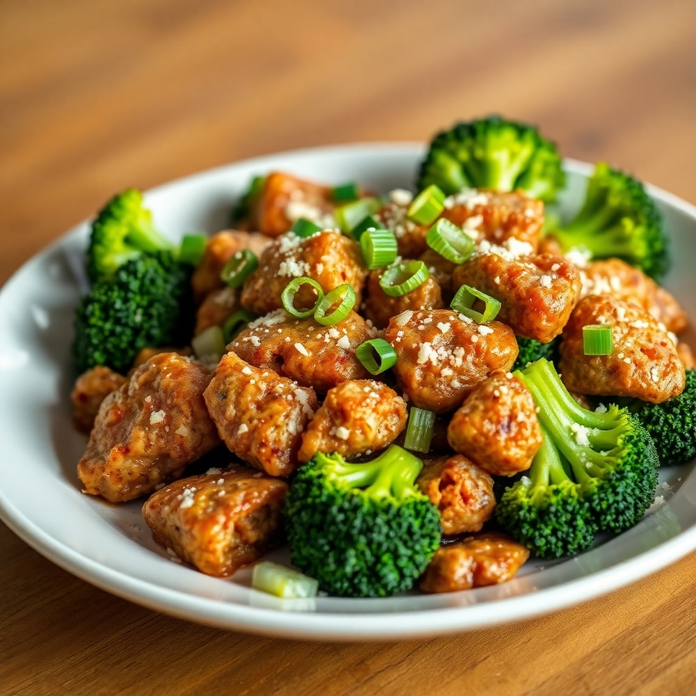 Plated serving of crispy hamburger meat and broccoli