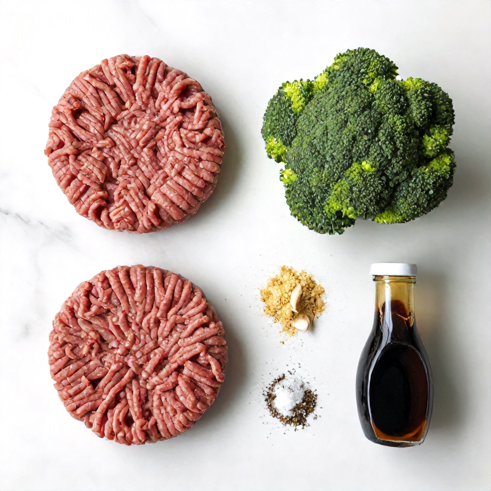 Raw ingredients for hamburger meat and broccoli