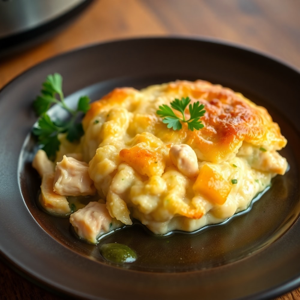 Served Crockpot Chicken Pot Pie on a dinner plate