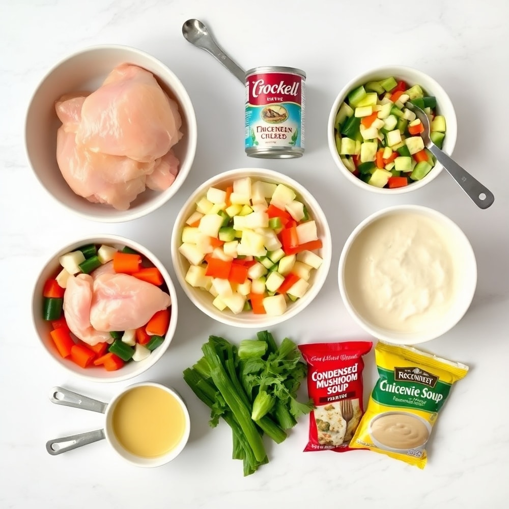 Raw ingredients for Crockpot Chicken Pot Pie laid out on a marble countertop