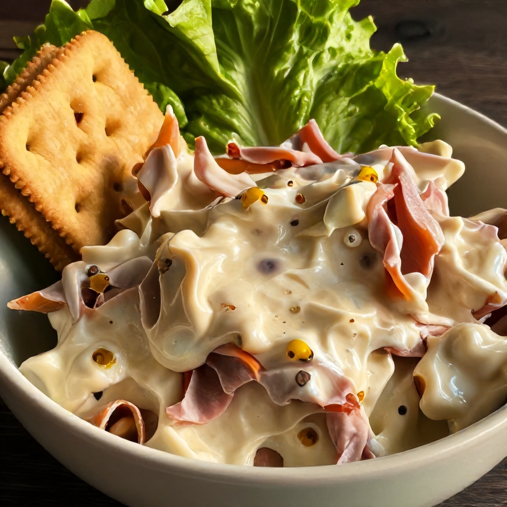 Ham Salad served in a bowl with crackers and a side of lettuce