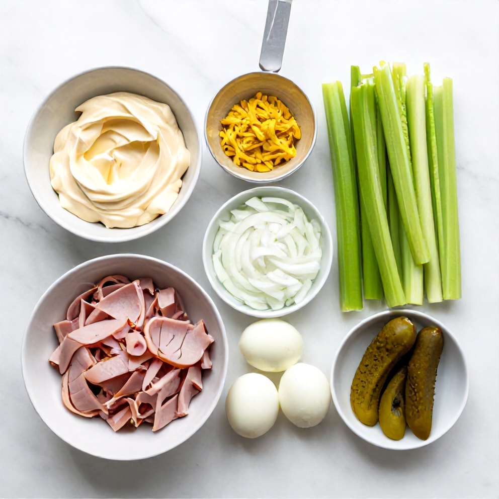 Raw ingredients for Ham Salad: ham, mayo, mustard, celery, onion, hard-boiled eggs, and pickles