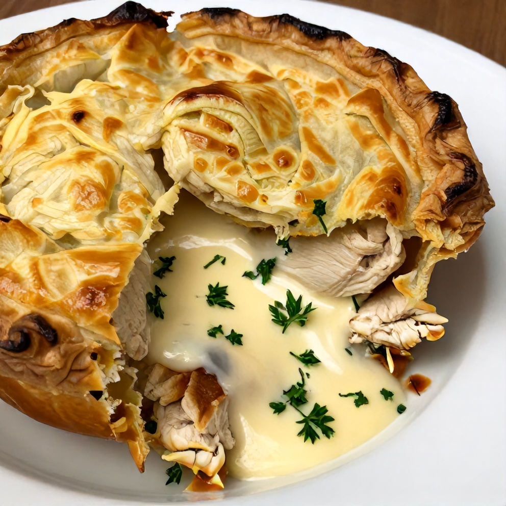 One perfect serving of chicken pot pie casserole plated on a white dish, garnished with fresh parsley, creamy sauce visible, crispy puff pastry on top