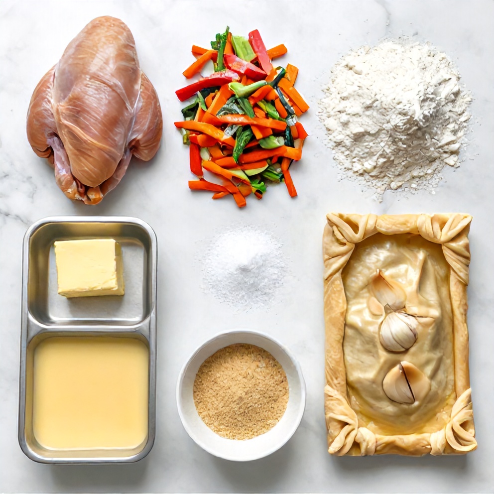 Raw ingredients for chicken pot pie casserole arranged in a flat lay: chicken breasts, frozen mixed vegetables, butter, flour, milk, puff pastry, salt, pepper, garlic powder, and chicken broth