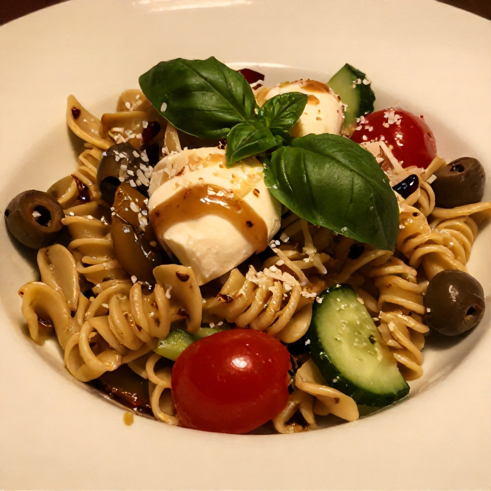 Easy Italian Pasta Salad served in a large bowl with a side of garlic bread
