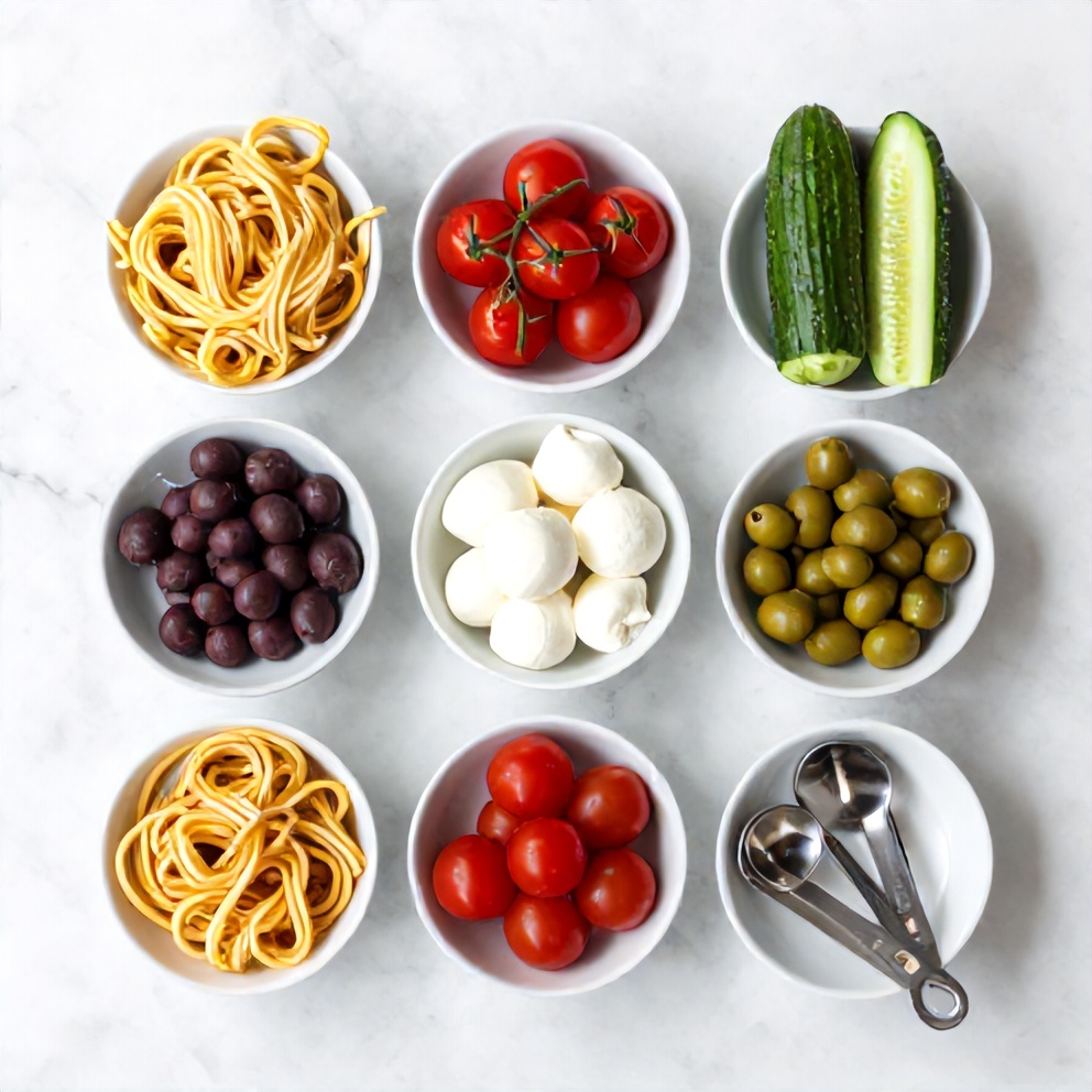 Ingredients for Easy Italian Pasta Salad: pasta, cherry tomatoes, cucumber, olives, mozzarella, Italian dressing